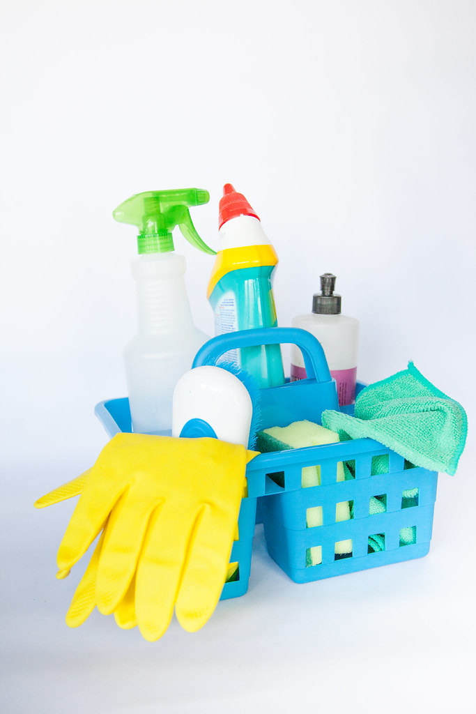 Cleaning bucket and supplies staged for a job